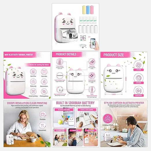 Bluetooth Mini Printer for Students | Inkless Wireless Thermal Printer (Black & White) | Portable Ink Free Printer for Android & iOS | 1200mAh Rechargeable Battery