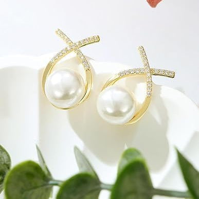Elegant Gold Plated Pearl Stud Cross Earrings-4
