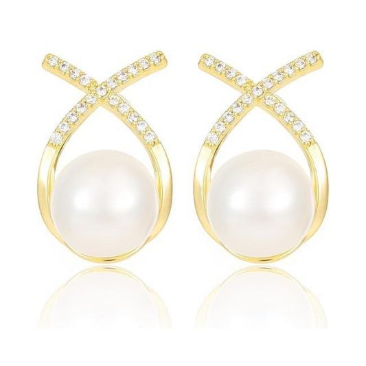 Elegant Gold Plated Pearl Stud Cross Earrings-0