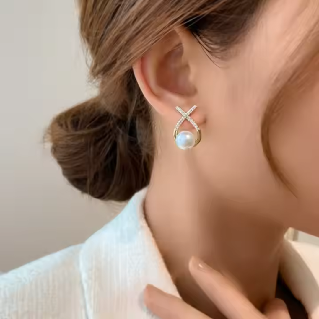 Elegant Gold Plated Pearl Stud Cross Earrings-1