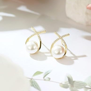 Elegant Gold Plated Pearl Stud Cross Earrings-3