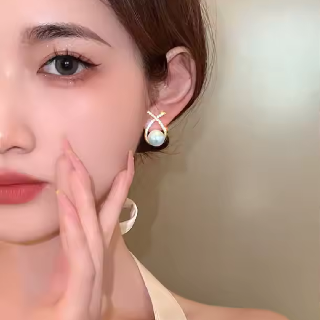 Elegant Gold Plated Pearl Stud Cross Earrings-2