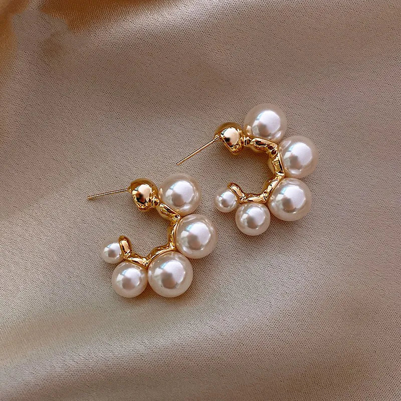 Elegant Pearl Cluster Hoop Earring-3